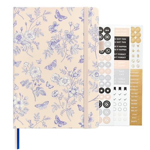 &And Per Se Dotted Journal Notebook, A5 Hardcover Aesthetic Dotted Notebook – 160 Pages 100gsm Thick Dot Grid Paper, 3 Sticker Sheets – Gift-Ready Journaling Kit for Women (Blue Flowers) - color: b.Blue Flowers, style: Dotted with Pattern