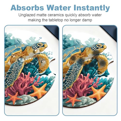 Ceramic Car Cup Holder Coasters Set of 2, 2.56 in Blue Turtle - color: Blue Turtle