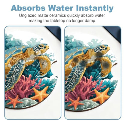 Ceramic Car Cup Holder Coasters Set of 2, 2.56 in Blue Turtle - color: Blue Turtle