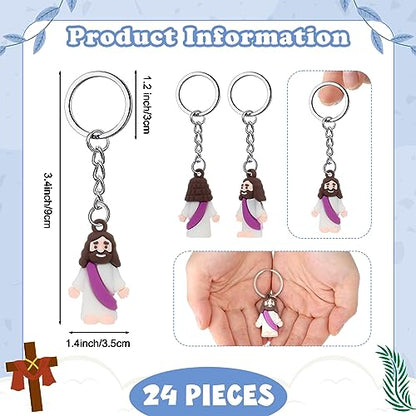 Sumind 24 Pcs Jesus Figurine Christian Keychain Religious Keychain Bulk Classic Christian Rings for Christ(White Skin Classic,Purple) - color: Purple, style: White Skin Classic