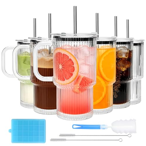 Accguan 6Pack 20oz Ribbed Glass Tumbler with Handle, Straw and Lid - size: 20oz with handle-6pcs