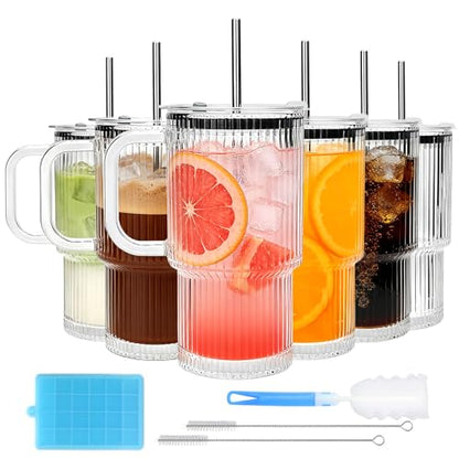 Accguan 6Pack 20oz Ribbed Glass Tumbler with Handle, Straw and Lid - size: 20oz with handle-6pcs