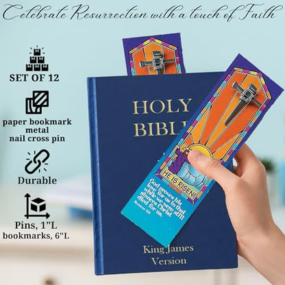 His is Risen Nail Cross Pin & Bookmarks - Set of 12 Each - Easter, Church and Sunday School Supplies