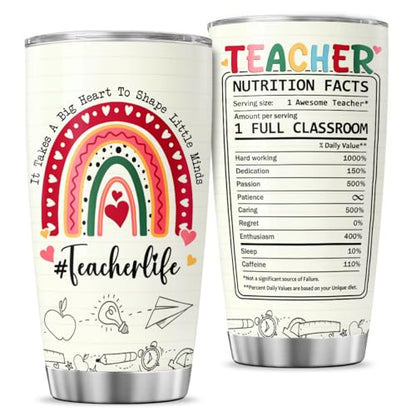 Teacher Appreciation Gift for Women, 20oz Stainless Steel Travel Mug with Rainbow Design and Funny Nutrition Facts, Back to School Thank You Tumbler for Daycare or Preschool - color: Teacher Life Y0