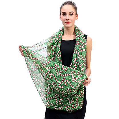 Lina & Lily Holiday Christmas Pattern Print Women's Infinity Scarf Lightweight - color: Green Red White, Candy Cane