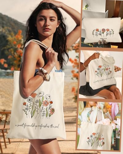 Miss Adola Aesthetic 2 Pack Canvas Tote Bag - with Makeup Zipper Pouch for Women Bag for Shopping, Gym, Travel, Vacation - color: Friendship Flower