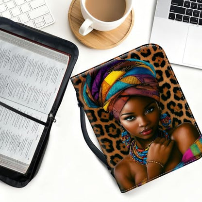 Bible Cover for Women Large PU Leather Zippered Bible Case with Handle and African Woman Design, Christian Bible Cover for Girls & Women, Cover Fits Standard 9.5"x7.5"x2.3" Bible - color: African Woman