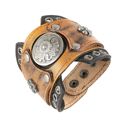 HZMAN Leather Bracelets Retro Men's Leather Cuff Bracelet Adjustable Wide Wristband Bracelet Jewelry Gift - color: Brown