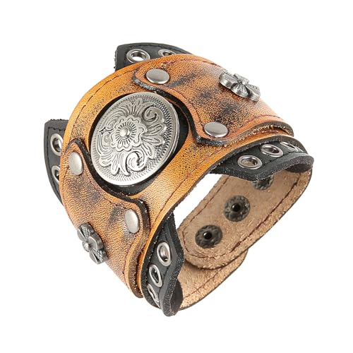 HZMAN Leather Bracelets Retro Men's Leather Cuff Bracelet Adjustable Wide Wristband Bracelet Jewelry Gift - color: Brown