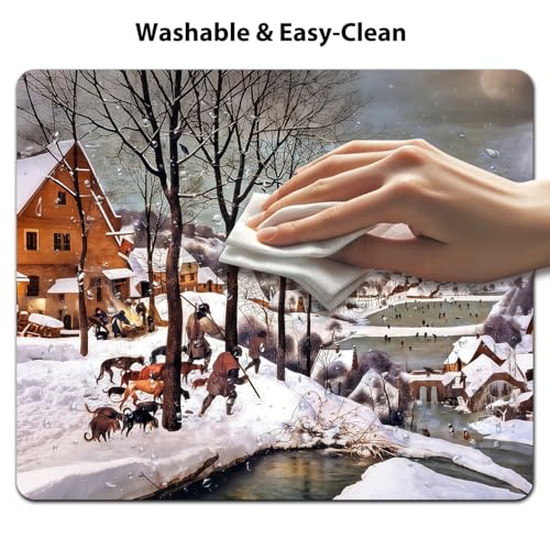 9.5"x 7.9" Mouse Pad (Hunters in the Snow), Non-Slip Mat for Desk, Smooth Surface for Gaming & Office Work, Winter Serenity Print by Pieter Bruegel,‌ Skaters and a Snow-Covered Village‌ - color: Custom Designs Art 024