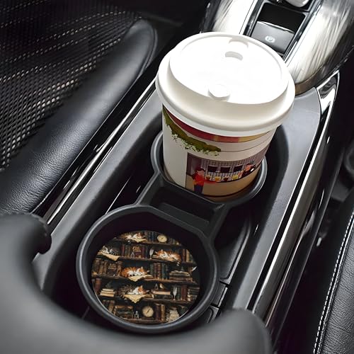 Cat Library Bookshelf Car Cup Holder Coasters 2 Pack 2.63" for Women - color: Beige