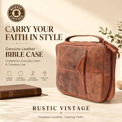 11 x 8 inch Genuine Leather Bible Cover for Men & Bible Case Women Organizer with Handle & Pocket Pen Holder Christian Religious Gift Cross Bookmark Bible Carrying Bag for Church - Red - color: Red