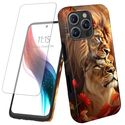 for iPhone 16 Pro Phone Case 6.3" with Screen Protector Art Lions Design for Women Men Hybrid Dual Layer Hard PC Shell Soft TPU Silicone Wireless Charging Shockproof Protective Cover - color: Art Lions, size: for iPhone 16 Pro 6.3"