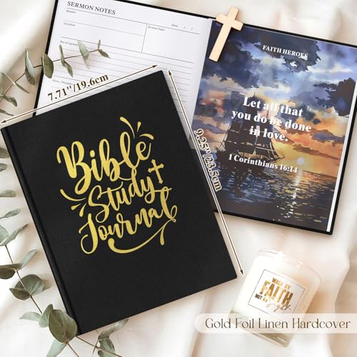 Lanpn Bible Study Guide Journals for Men with Tabs & Highlighters, Church Notes Taking Daily Devotional Journaling, Linen Bible Prayer Notebook Christian Religious Faith Based Gifts, Black - color: Black