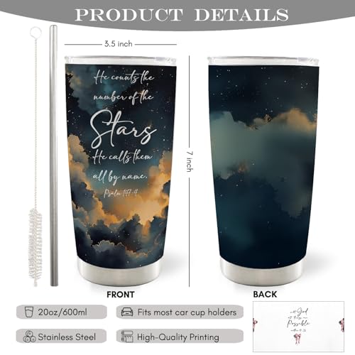 Christian 20oz Travel Coffee Mug Tumbler, Christian Gifts for Women Men, Celestial Night Sky Religious Bible Verse Stainless Steel Tumbler with Lid and Straw - color: stars