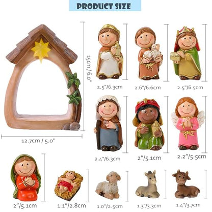 Nativity Set & Figures, 12 Pieces Small Christmas Nativity Scene with LED Light Resin Lighted Tabletop Nativity Indoor Decor Includes 1 Manger and 11 Figurine (Mini Figure)
