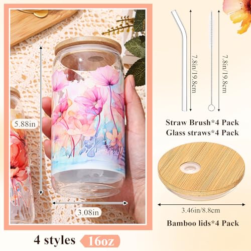 Mumufy 4 Pack Watercolor Flower Glass Cup, 16oz Tumbler Mug with Bamboo Lid - style: Watercolor Flower