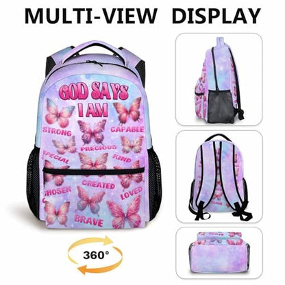 Backpack for Girls 6-8 Primary School Students, Butterfly Backpacks God Says I Am Bookbag with Pockets for Kids Girls Back to School Gifts - color: Blue