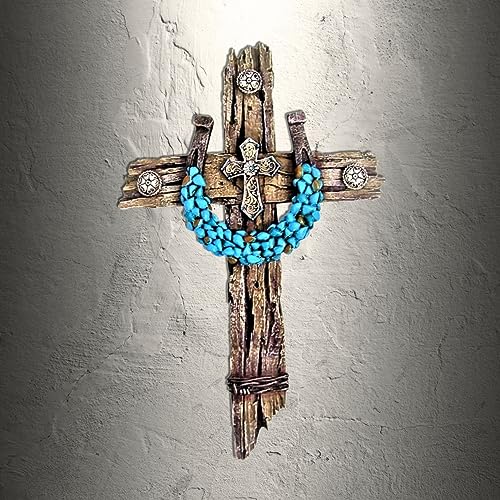 Rustic Drifted Wood Look Wall Cross - Turquoise Decor Horseshoe Wall Art