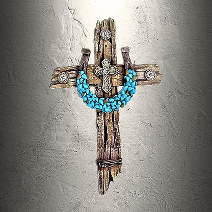 Rustic Drifted Wood Look Wall Cross - Turquoise Decor Horseshoe Wall Art