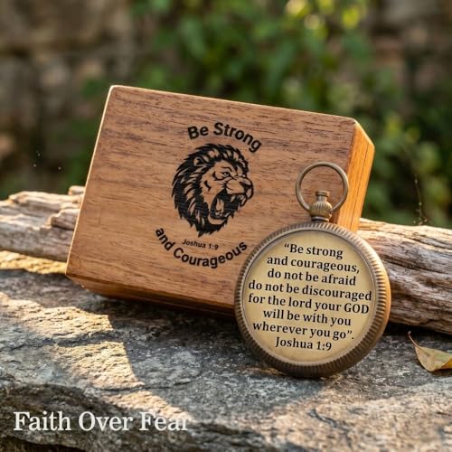 Compass – Brass Directional Vintage Compass Engraved with “Be Strong and Courageous” Joshua 1:9 Bible Verse, Baptism 2026 Communion Christian Inspirational Gifts for Women/Men - style: Be Strong 1 - Wood Case