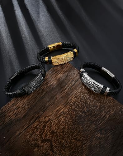 YL Cross Masonic Leather Mens Bracelet, 18K Gold/Black Rhodium Plated Christian Religious 316L Stainless Steel Brown Cuff Handcrafted Jewelry Gifts - color: Masonic A-Black, size: 8.3"(210mm)