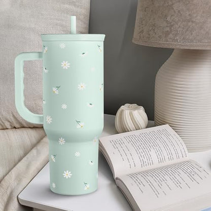 Daisy 40oz Tumbler with Handle and Straw – Flower Insulated Stainless Steel Travel Coffee Mug for Women Girls - Gift Idea for Birthday Christmas Mothers Day - color: Daisy