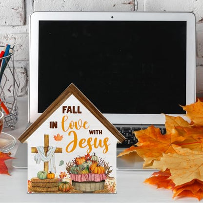 Christian Fall Decor, Fall in Love with Jesus House Shaped Wood Block Sign - color: Jesu-2