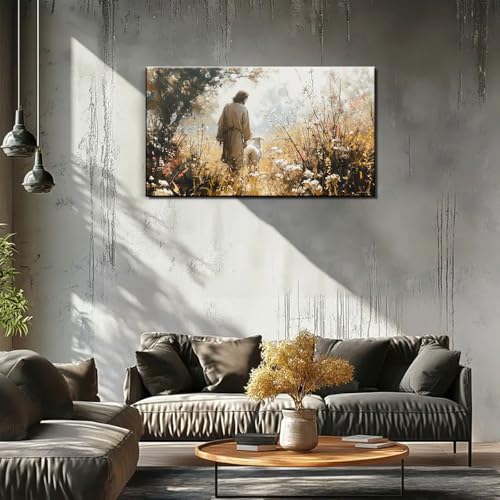 1Pcs Vintage Framed Jesus Lamb Paintings Canvas Wall Art Shepherd Flock Paintings Christian Wall Decor Modern Pictures Religious Art Print for Living Room Bedroom Decoration12inx16in - size: 12"l X 16"w