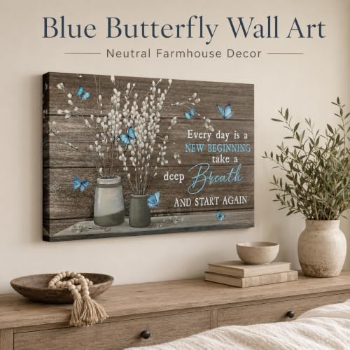 Vintage Rustic Country Flower Blue Butterfly Canvas Wall Art 24inx36in - color: Butterfly, size: 36"L x 24"W
