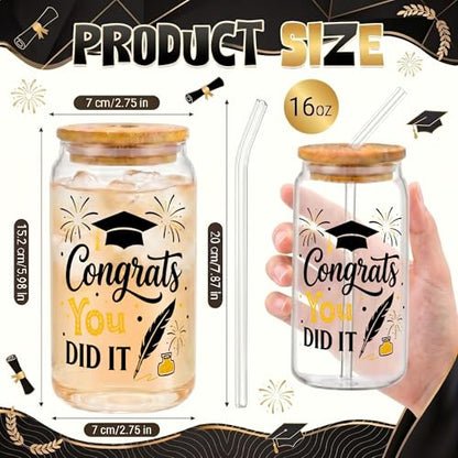 Glass Cups with Lids and Straws, 4Pack, 16oz, Graduation - color: Graduation