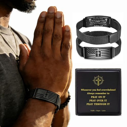 RINHOO Men's American Flag Cross Bracelet Bible Verse Stainless Steel - style: Black-Joshua 1:9