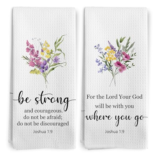 Christian Floral Kitchen Towels Set of 2, Be Strong and Courageous, Bible Verse Dish Tea Towels for Kitchen, Christian Gifts for Women, Scripture Flowers Decorative Hand Towels, 16x24 Inch - color: Bible Floral-1