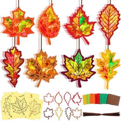 Motipuns 32 Sets Leaf Suncatcher Kits Fall Tissue Paper Stained Glass Art - style: Maple Leaf