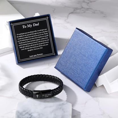 Black Braided Leather Bracelet for Men, Bible Verse Inspirational Christian Religious Bracelet for Man Dad Husband Boyfriend Grandson Son Birthday Baptism Easter Gifts - color: To My Dad