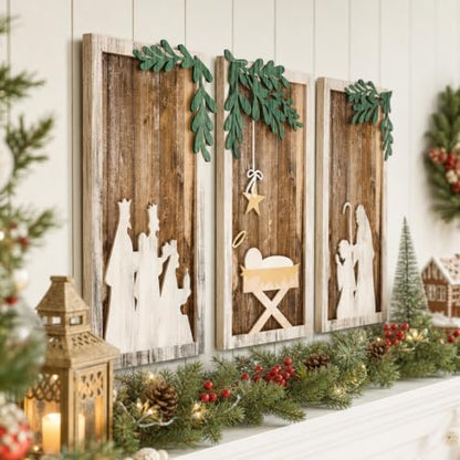 Soaoo Set of 3 Christmas Nativity Scene Wood Wall Decor,Classic Color