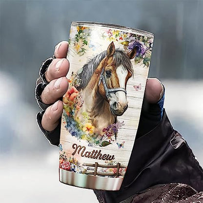 WAZONE Personalized Horse Tumbler 20oz 30oz Custom Name Vacuum Insulated Travel Mug Thermal Cup Motivation Gift for Animal Lover Women Girl Daughter Sister Christmas Birthday Present - color: Horse