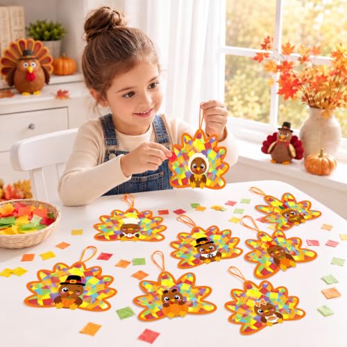 Renbuzhu 48PCS Thanksgiving Crafts Bulk: Cute Turkey Paper Suncatchers DIY Kit for Fall Activities Decorations, Window Stained Glass Effect Art Supplies - style: cute turkey crafts