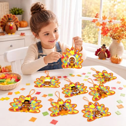 Renbuzhu 48PCS Thanksgiving Crafts Bulk: Cute Turkey Paper Suncatchers DIY Kit for Fall Activities Decorations, Window Stained Glass Effect Art Supplies - style: cute turkey crafts