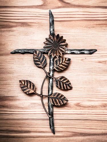 Top Brass 12” Metal Wall Mount Cross – Sunflower/Daisy Floral Garden Design – Holy Celtic Crucifix Silver & Copper Finish, Modern Rustic Jesus Art Sculpture