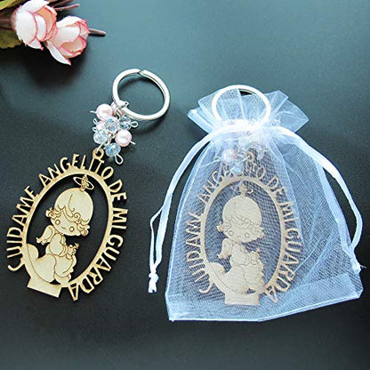 12 PCS Angel Keychain Baptism Favor Pink Beads Wood Design Bags