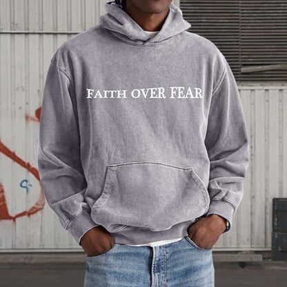 Christian Faith Over Fear Hoodies for Men Jesus Religious Graphic Sweatshirt Bible Verse Acid Wash Pullover Hoodie - color: Gray, size: Large