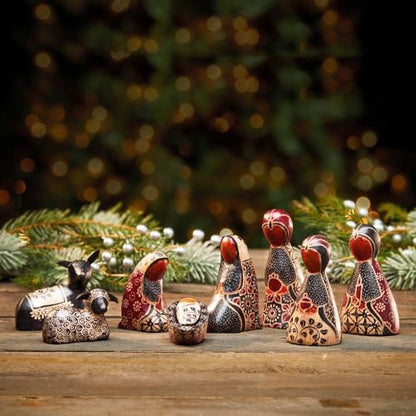 Black Batik Nativity Set, Christmas Decorations, Collectible Figurines, Xmas Indoor Home Decor - Fireplace Mantel, Desk, Shelf, Wooden Statues, 8pcs