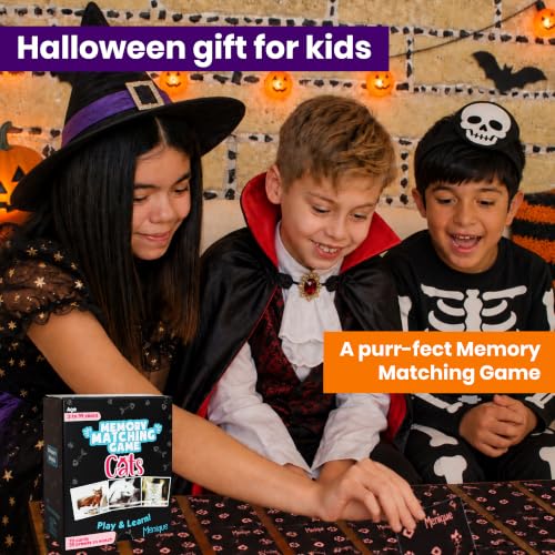 Menique Cat Memory Game – 70 Cards with Real Photos of 35 Cat Breeds – Bilingual Matching Card Game with Fact Booklet – Great Boo Basket Stuffer & Halloween Favor - style: Cats