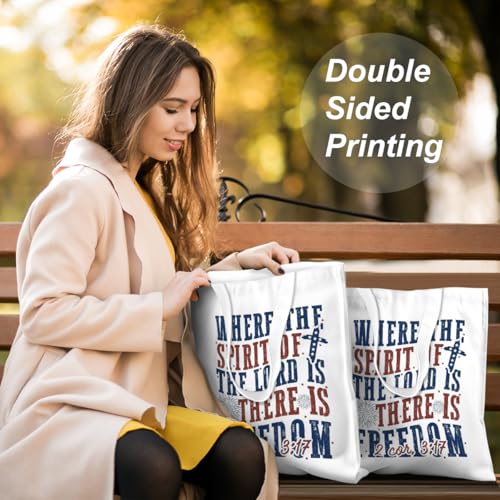VICBOU Bible Verse Canvas Tote Bag Religious Christian Gifts for Women Men Faith Canvas Tote Reusable Grocery Bag - color: Freedom