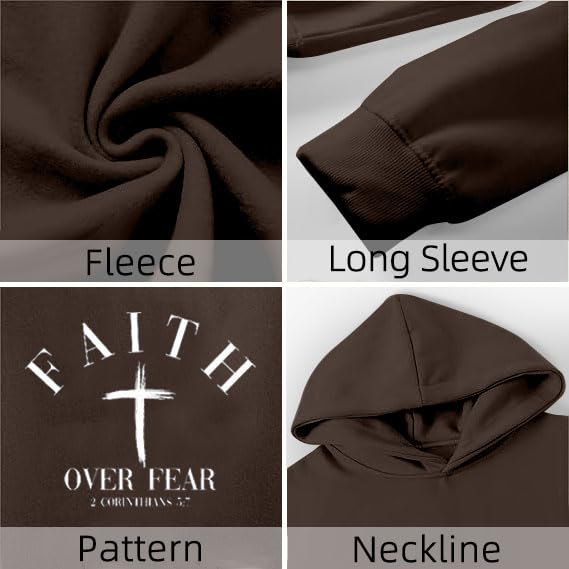 Men Faith Over Fear Christian Cross Graphic Pullover Hoodie - color: Brown, size: Small