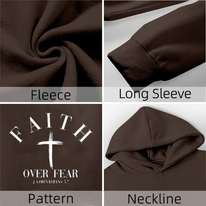 Men Faith Over Fear Christian Cross Graphic Pullover Hoodie - color: Brown, size: Medium