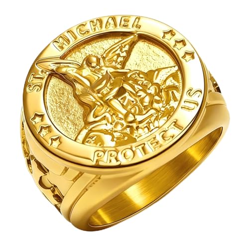 Saints Michael Ring for Men, 18K Gold Plated/Black Metal, St. Michael San Miguel The Great Protector Archangel Defeating Satan Figurine Stainless Steel Amulet Rings, Size 7-14, Send Gift Box - color: G-Gold Plated