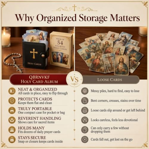 Catholic Faux Leather Holy Prayer Card Holder–pocket Organizer with 54 Cards Snap Closure for Mass Funeral Daily & Religious and Memorial Use Gifts Carrying Each Case Bag Closet Essentials