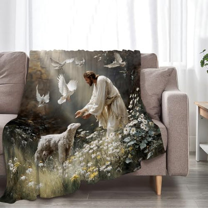 Jesus Lamb Blanket Christian Jesus Soft Cozy Throw Blanket Christ Religious God Super Plush Warm Stuff Lightweight Fleece Flannel Blankets Gifts for Women Girls Kids Adults 60"X50" - color: Green Jesus Lamb, size: 60"x50"